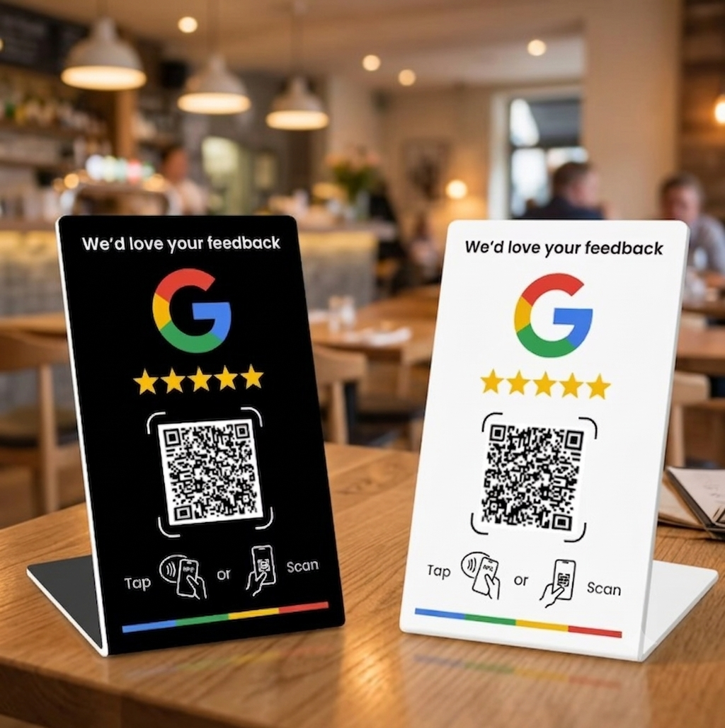 Schwarzer und weißer NFC-Aufsteller mit QR-Code für Google-Bewertungen auf einem Restauranttisch